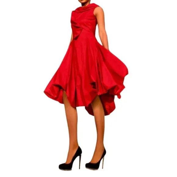 Samuel Dong Red Bubble Dress W/ Asymmetrical Ruffle Collar & Sleeveless Fit Medi - Picture 1 of 10